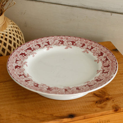 MURIER Saint Amand & HAMAGE NORD French Antique Ironstone Red Transferware Footed Cake Plate Plat à gâteau sur pied Terre de Fer