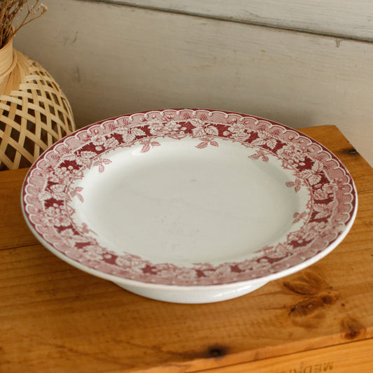 MURIER Saint Amand & HAMAGE NORD French Antique Ironstone Red Transferware Footed Cake Plate Plat à gâteau sur pied Terre de Fer