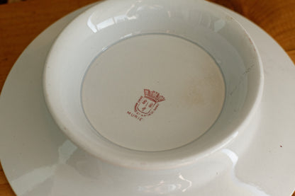 MURIER Saint Amand & HAMAGE NORD French Antique Ironstone Red Transferware Footed Cake Plate Plat à gâteau sur pied Terre de Fer