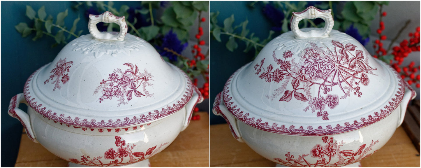 MARGOT Morif Saint Amandinoise French Antique Ironstone Red Transferware Soup Tureen Soupiere Terre de fer