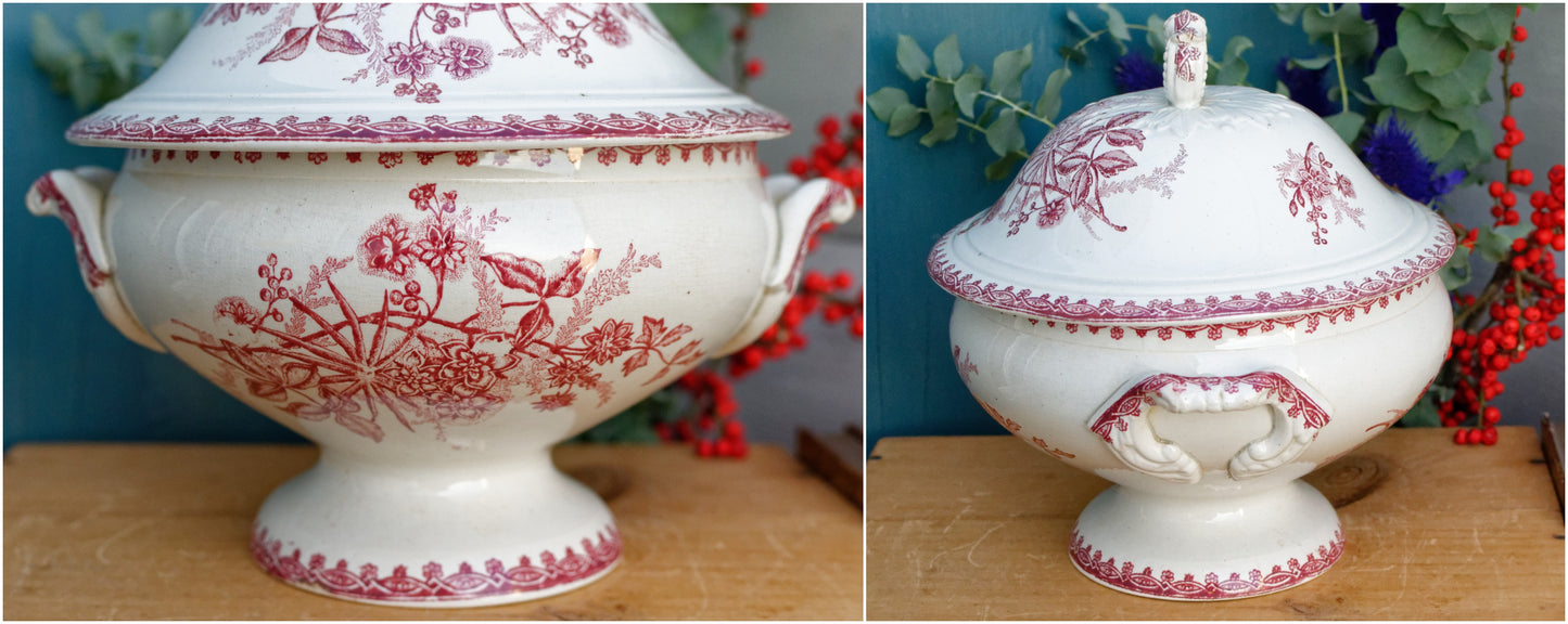 MARGOT Morif Saint Amandinoise French Antique Ironstone Red Transferware Soup Tureen Soupiere Terre de fer