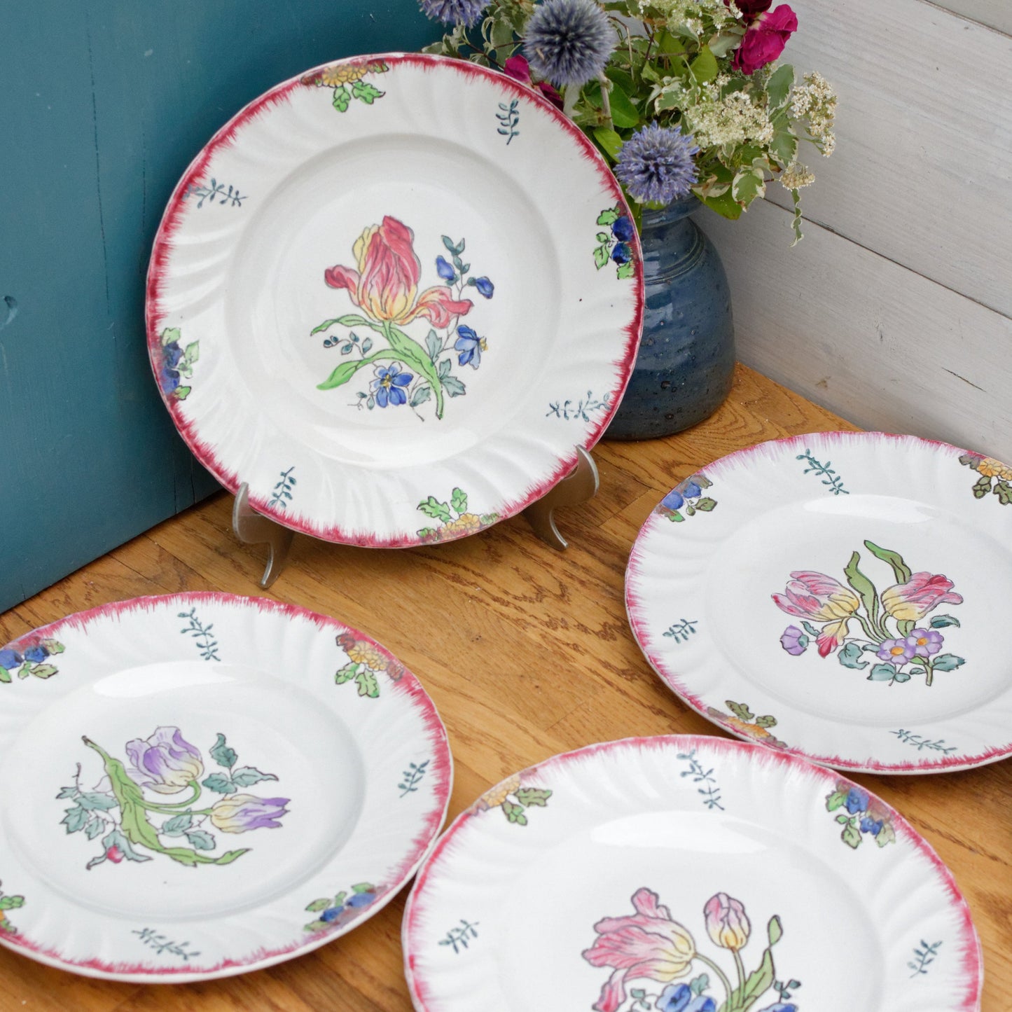 MARSEILLE LONGWY French Antique Ironstone Hand-Painted Floral Dinner Plate Terre de Fer Faience