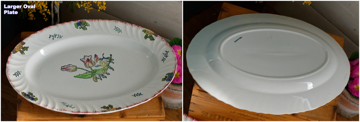 1920s ~ "MARSEILLE" LONGWY ~ French Antique Ironstone Hand-Painted Floral Polychrome Oval Serving Plate Platter "Plat Ovale" ~ Terre de Fer en Faience