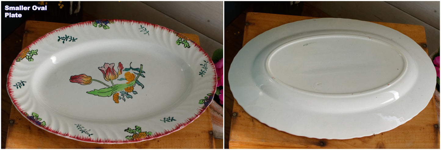 1920s ~ "MARSEILLE" LONGWY ~ French Antique Ironstone Hand-Painted Floral Polychrome Oval Serving Plate Platter "Plat Ovale" ~ Terre de Fer en Faience