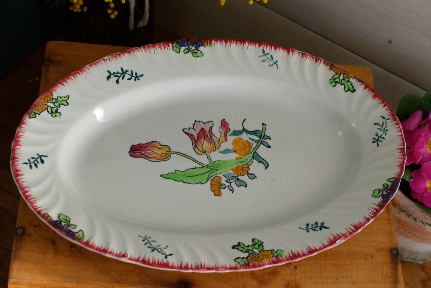 MARSEILLE LONGWY French Antique Ironstone Hand-Painted Floral Polychrome Oval Serving Plate Terre de Fer Faience
