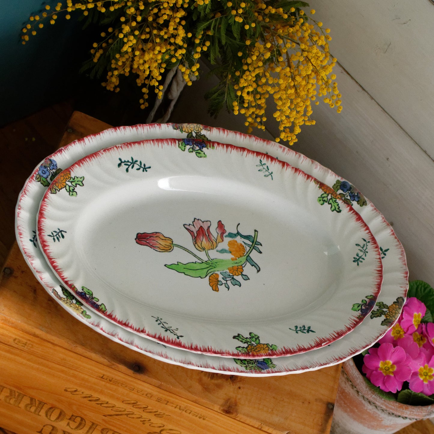 MARSEILLE Motif LONGWY French Antique Ironstone Hand-Painted Floral Polychrome Oval Serving Plate Platter Plat Ovale Terre de Fer en Faience