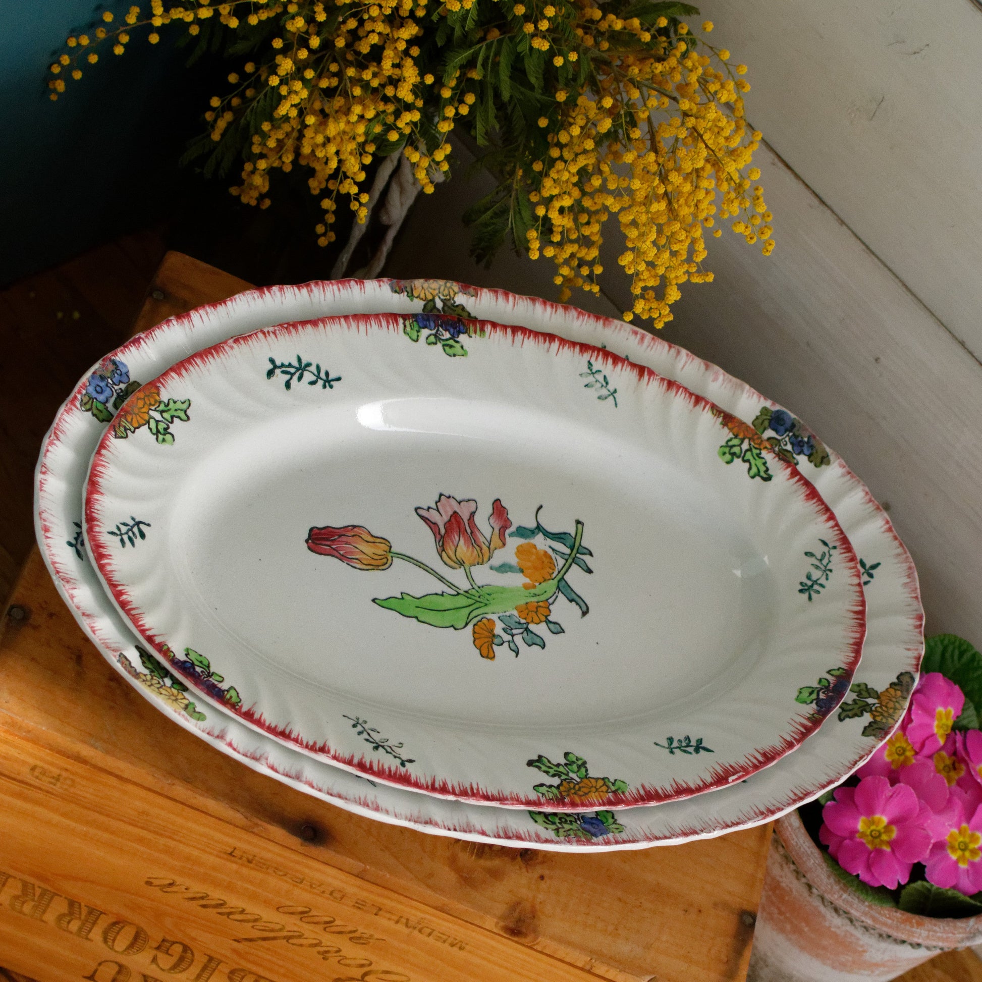 MARSEILLE Motif LONGWY French Antique Ironstone Hand-Painted Floral Polychrome Oval Serving Plate Platter Plat Ovale Terre de Fer en Faience