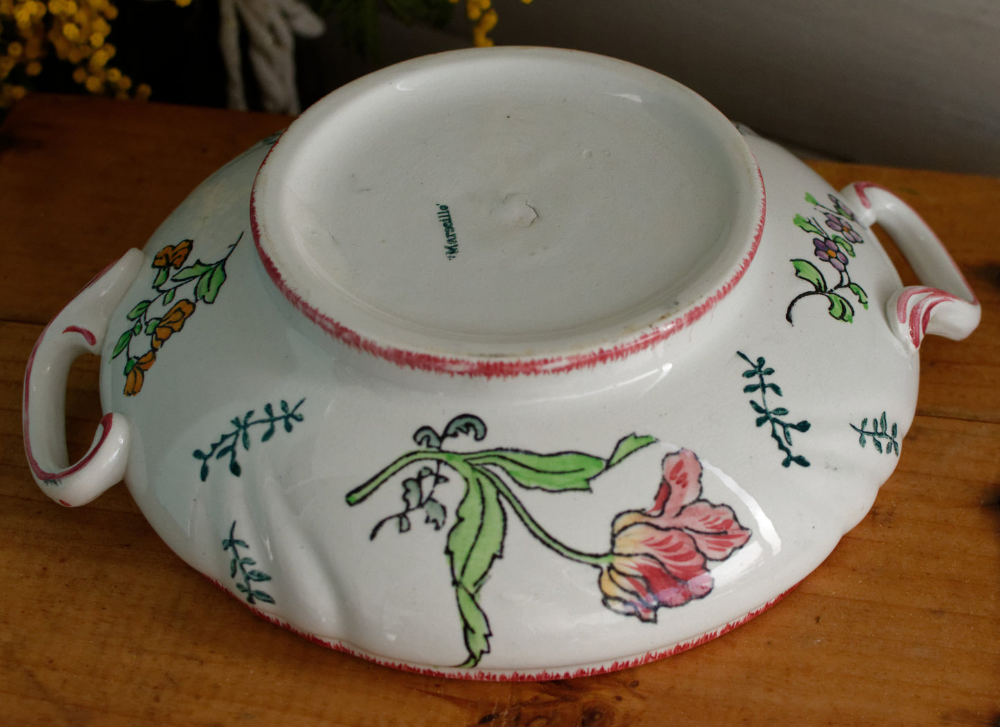 MARSEILLE Motif LONGWY French Antique Ironstone Hand-Painted Floral Polychrome Small Soup Tureen Soupiere Terre de Fer en Faience