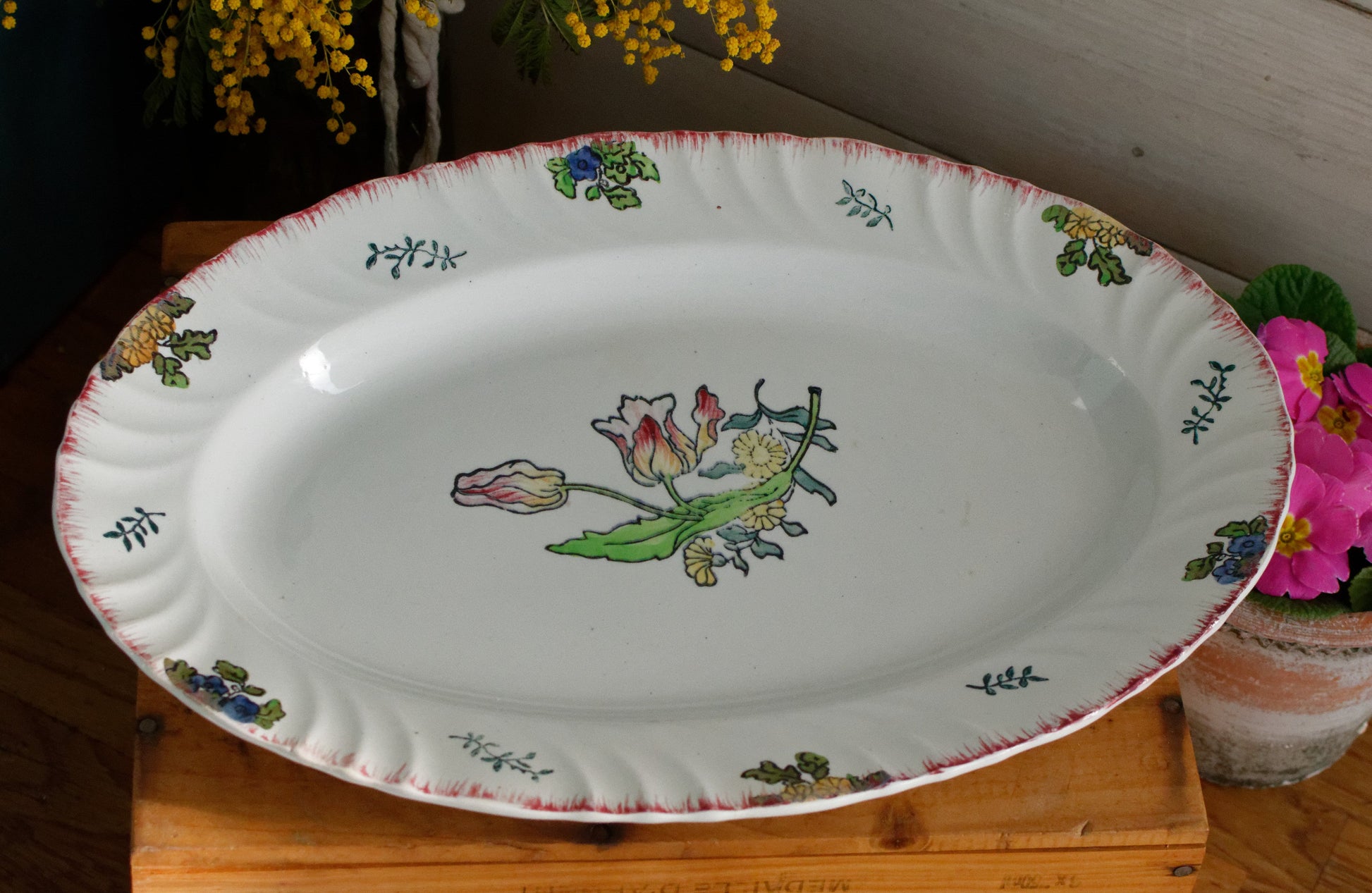 MARSEILLE LONGWY French Antique Ironstone Hand-Painted Floral Polychrome Oval Serving Plate Terre de Fer Faience