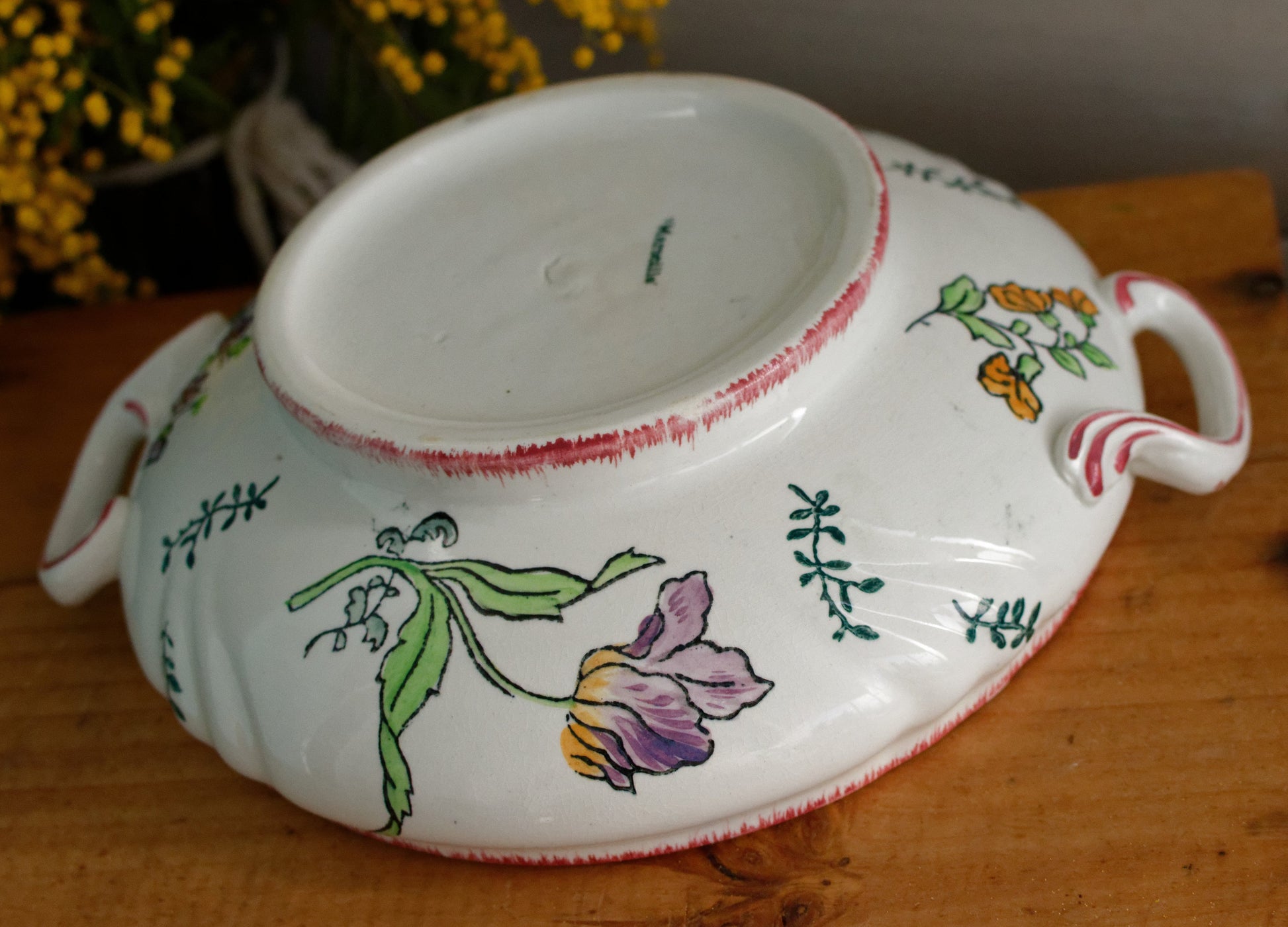 MARSEILLE Motif LONGWY French Antique Ironstone Hand-Painted Floral Polychrome Small Soup Tureen Soupiere Terre de Fer en Faience