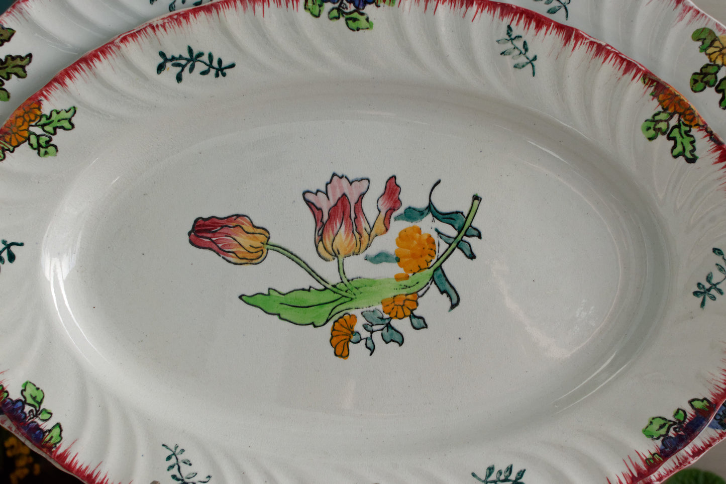 MARSEILLE LONGWY French Antique Ironstone Hand-Painted Floral Polychrome Oval Serving Plate Terre de Fer Faience