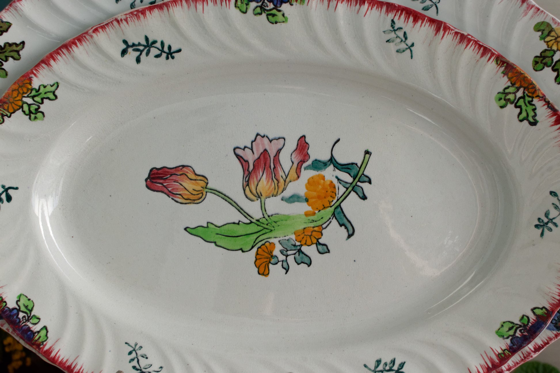 MARSEILLE LONGWY French Antique Ironstone Hand-Painted Floral Polychrome Oval Serving Plate Terre de Fer Faience
