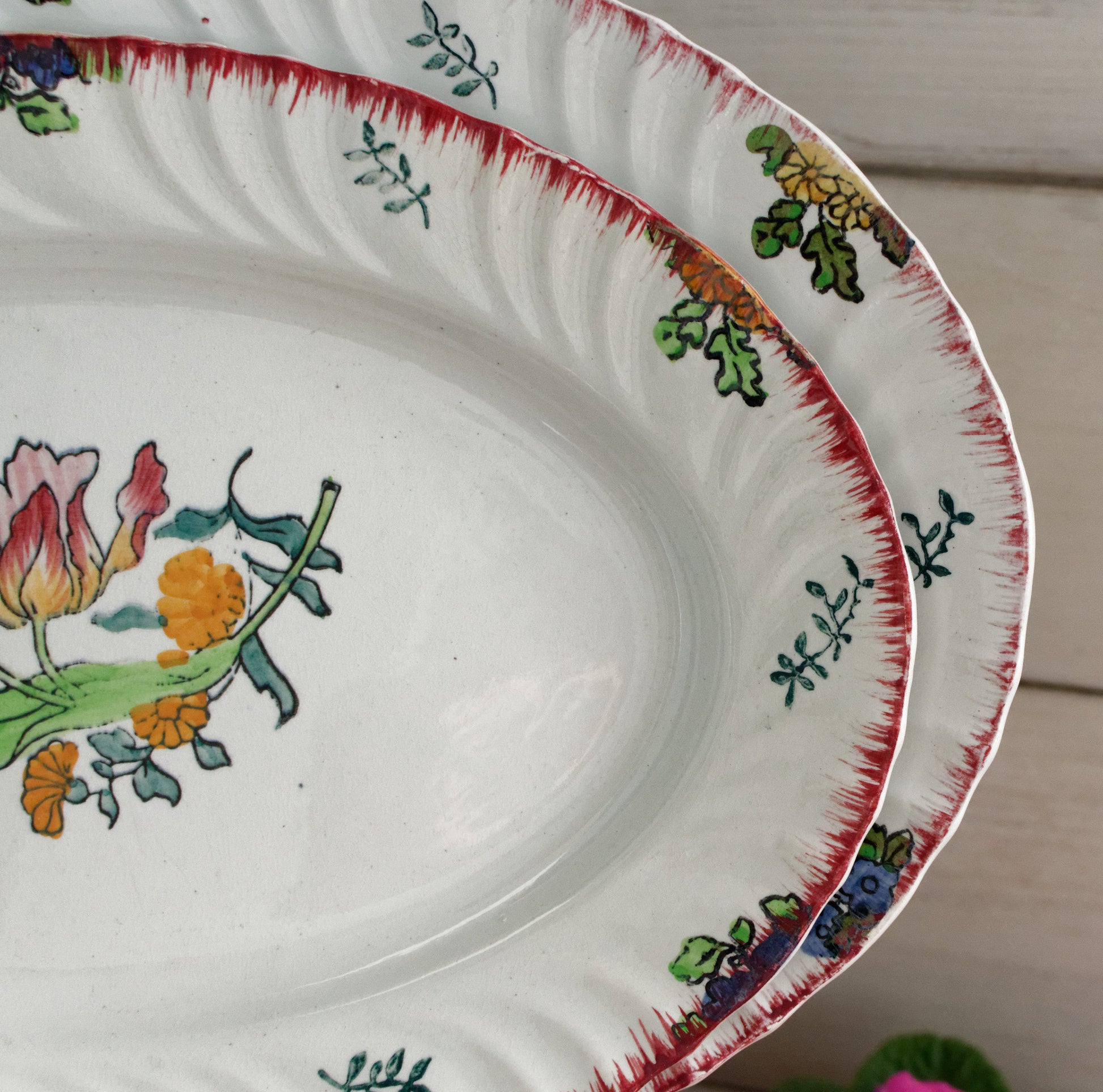 MARSEILLE LONGWY French Antique Ironstone Hand-Painted Floral Polychrome Oval Serving Plate Terre de Fer Faience