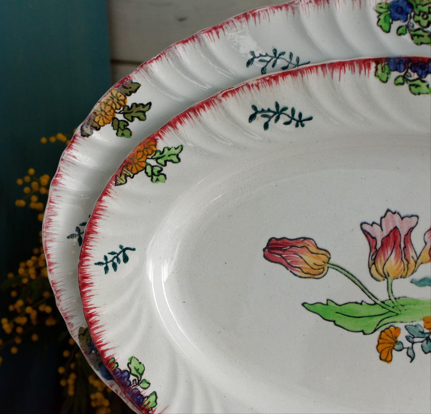 MARSEILLE LONGWY French Antique Ironstone Hand-Painted Floral Polychrome Oval Serving Plate Terre de Fer Faience