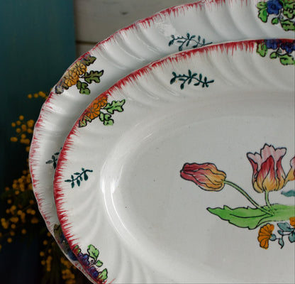 MARSEILLE LONGWY French Antique Ironstone Hand-Painted Floral Polychrome Oval Serving Plate Terre de Fer Faience