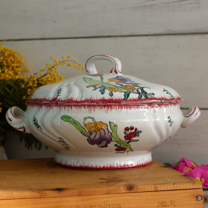 MARSEILLE LONGWY French Antique Ironstone Hand-Painted Floral Polychrome Soup Tureen Soupiere Terre de Fer en Faience