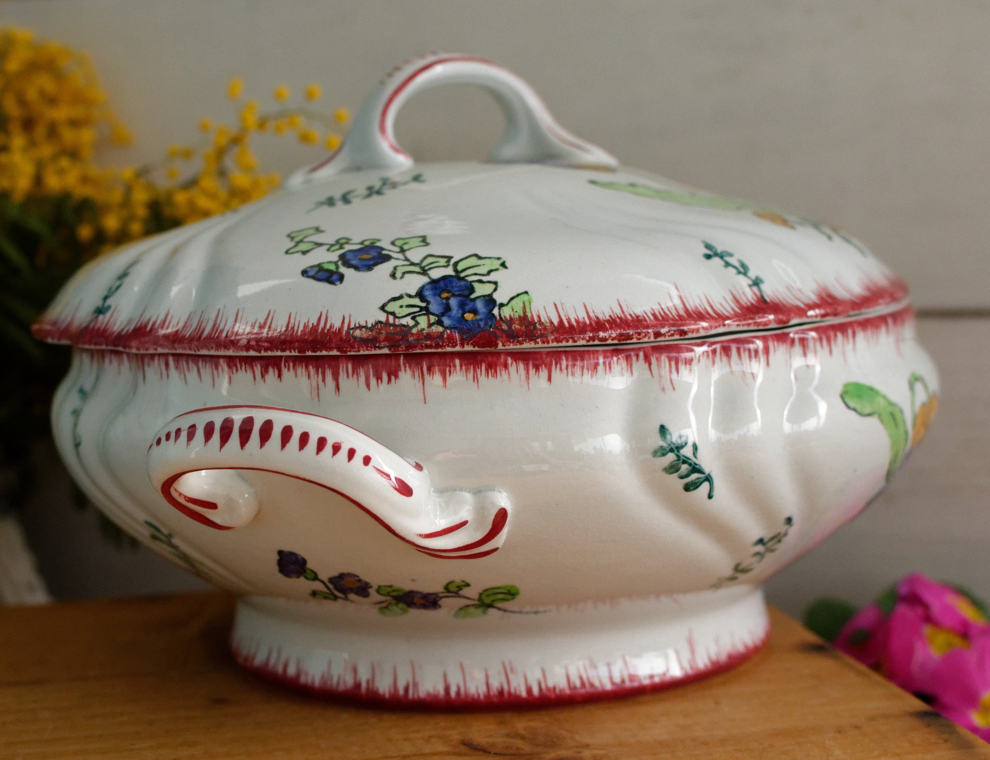 MARSEILLE LONGWY French Antique Ironstone Hand-Painted Floral Polychrome Soup Tureen Soupiere Terre de Fer en Faience