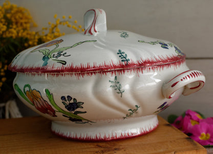 MARSEILLE LONGWY French Antique Ironstone Hand-Painted Floral Polychrome Soup Tureen Soupiere Terre de Fer en Faience