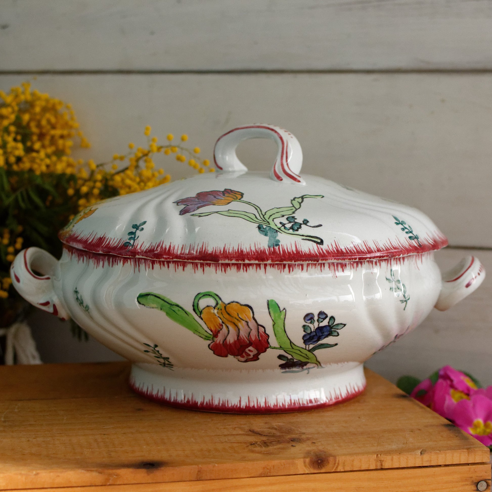 MARSEILLE LONGWY French Antique Ironstone Hand-Painted Floral Polychrome Soup Tureen Soupiere Terre de Fer en Faience