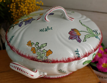 MARSEILLE LONGWY French Antique Ironstone Hand-Painted Floral Polychrome Soup Tureen Soupiere Terre de Fer en Faience