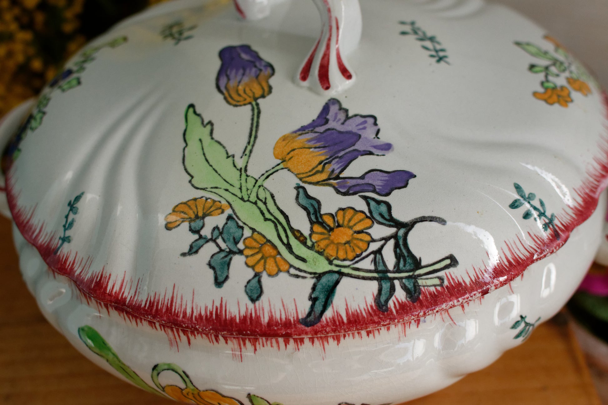 MARSEILLE LONGWY French Antique Ironstone Hand-Painted Floral Polychrome Soup Tureen Soupiere Terre de Fer en Faience