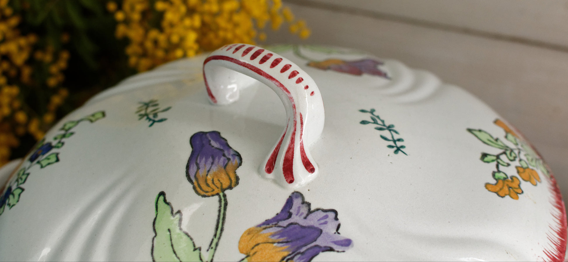 MARSEILLE LONGWY French Antique Ironstone Hand-Painted Floral Polychrome Soup Tureen Soupiere Terre de Fer en Faience