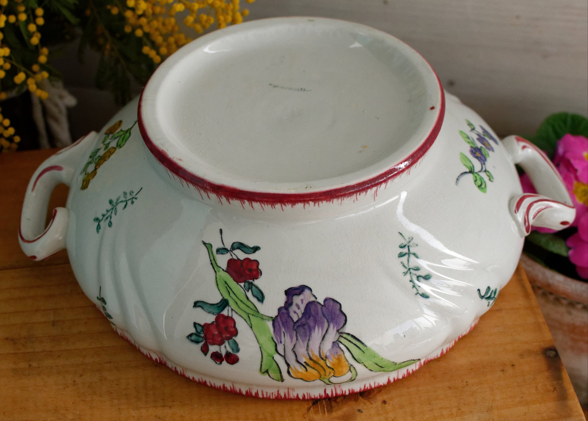 MARSEILLE LONGWY French Antique Ironstone Hand-Painted Floral Polychrome Soup Tureen Soupiere Terre de Fer en Faience