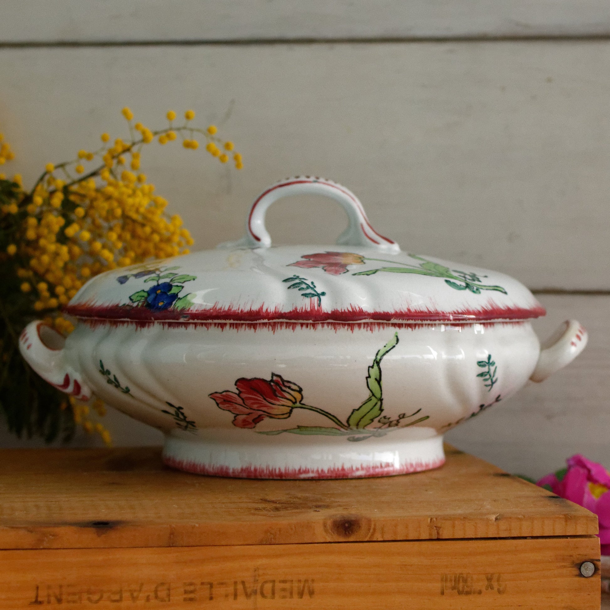 MARSEILLE Motif LONGWY French Antique Ironstone Hand-Painted Floral Polychrome Small Soup Tureen Soupiere Terre de Fer en Faience