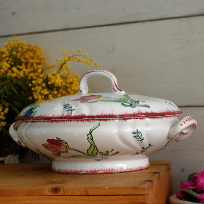 MARSEILLE Motif LONGWY French Antique Ironstone Hand-Painted Floral Polychrome Small Soup Tureen Soupiere Terre de Fer en Faience