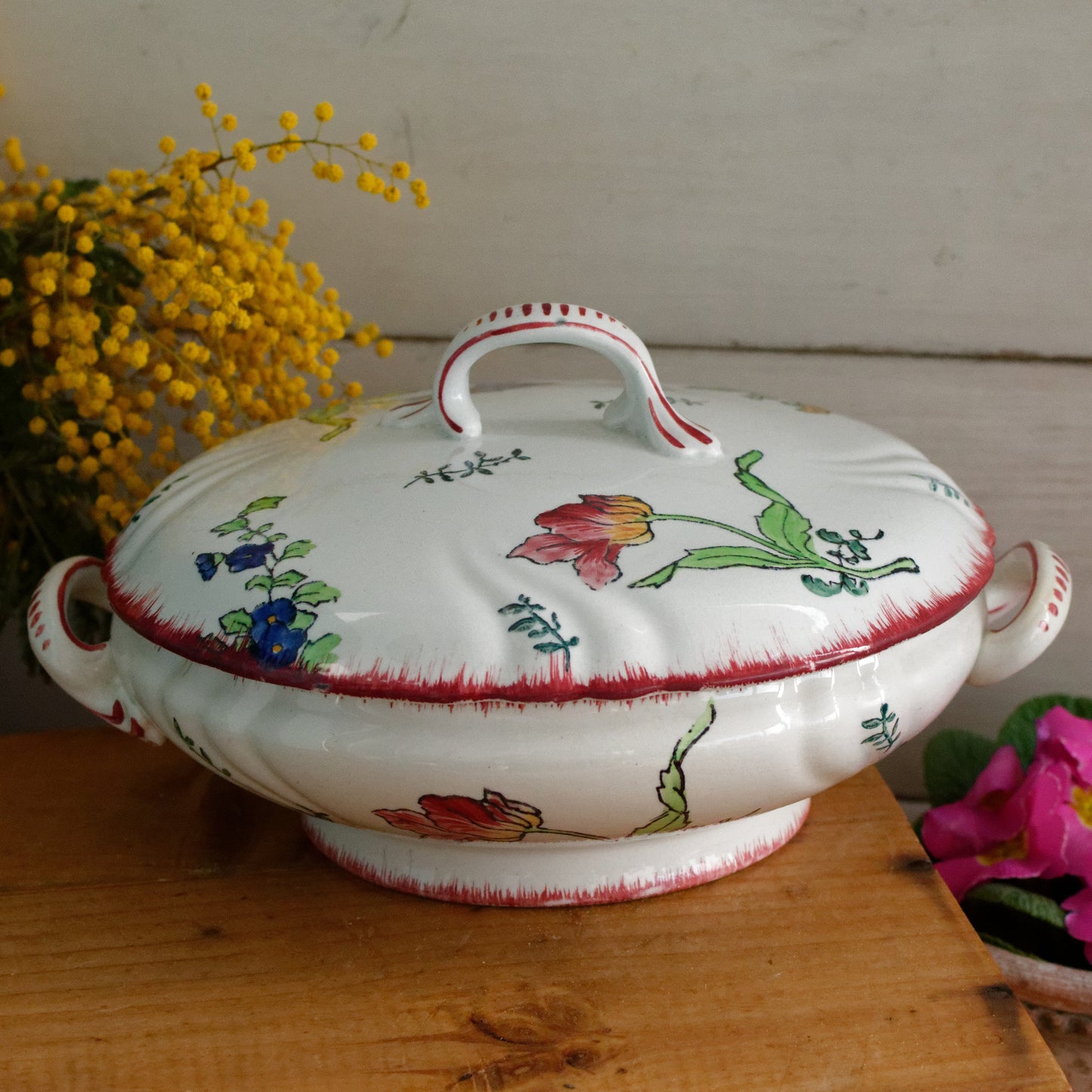 MARSEILLE Motif LONGWY French Antique Ironstone Hand-Painted Floral Polychrome Small Soup Tureen Soupiere Terre de Fer en Faience