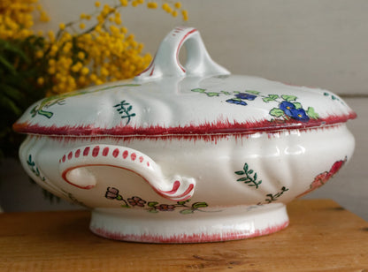 MARSEILLE Motif LONGWY French Antique Ironstone Hand-Painted Floral Polychrome Small Soup Tureen Soupiere Terre de Fer en Faience