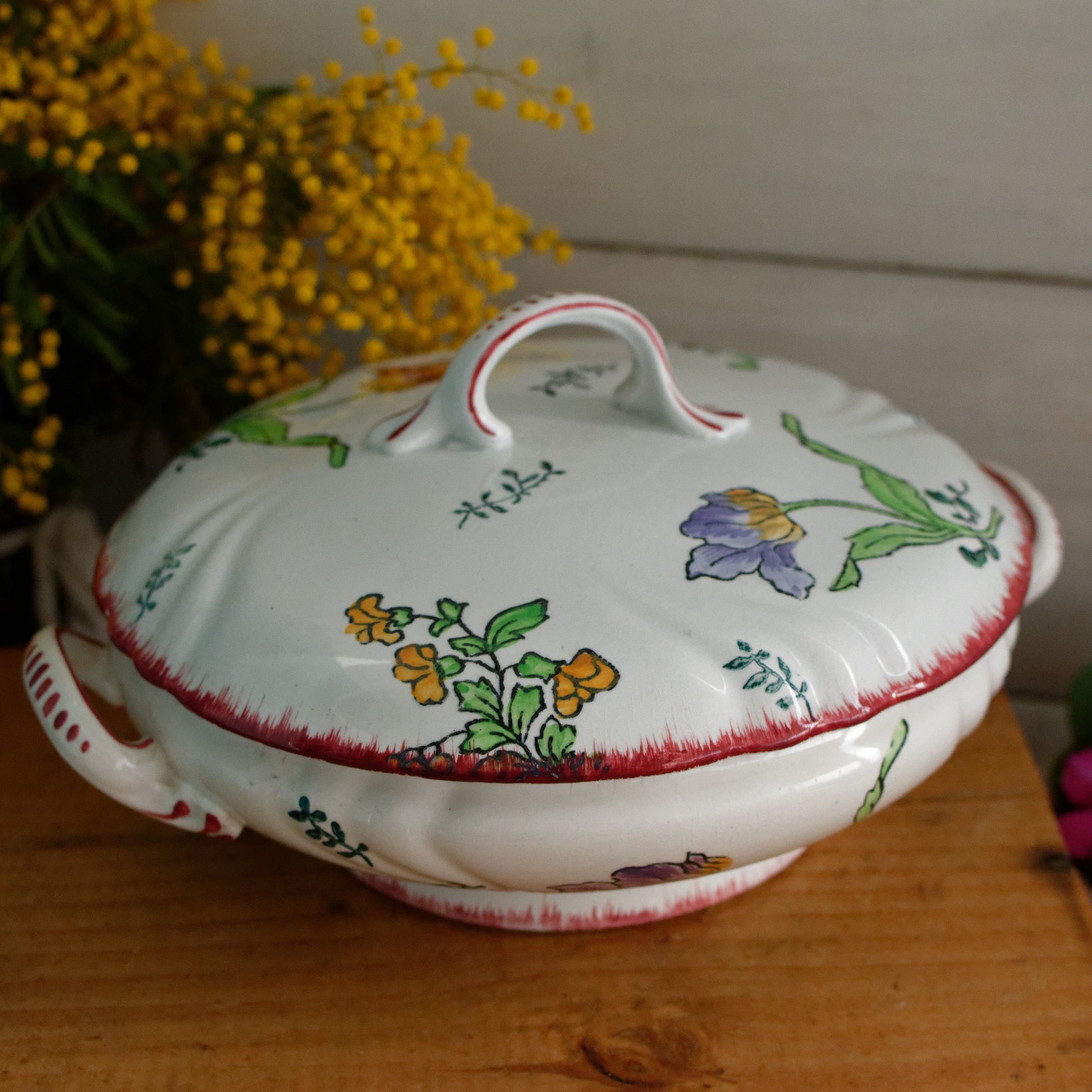 MARSEILLE Motif LONGWY French Antique Ironstone Hand-Painted Floral Polychrome Small Soup Tureen Soupiere Terre de Fer en Faience