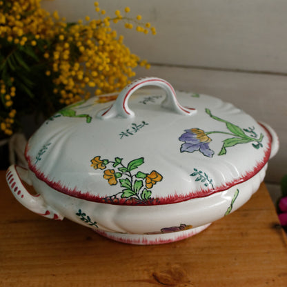 MARSEILLE Motif LONGWY French Antique Ironstone Hand-Painted Floral Polychrome Small Soup Tureen Soupiere Terre de Fer en Faience
