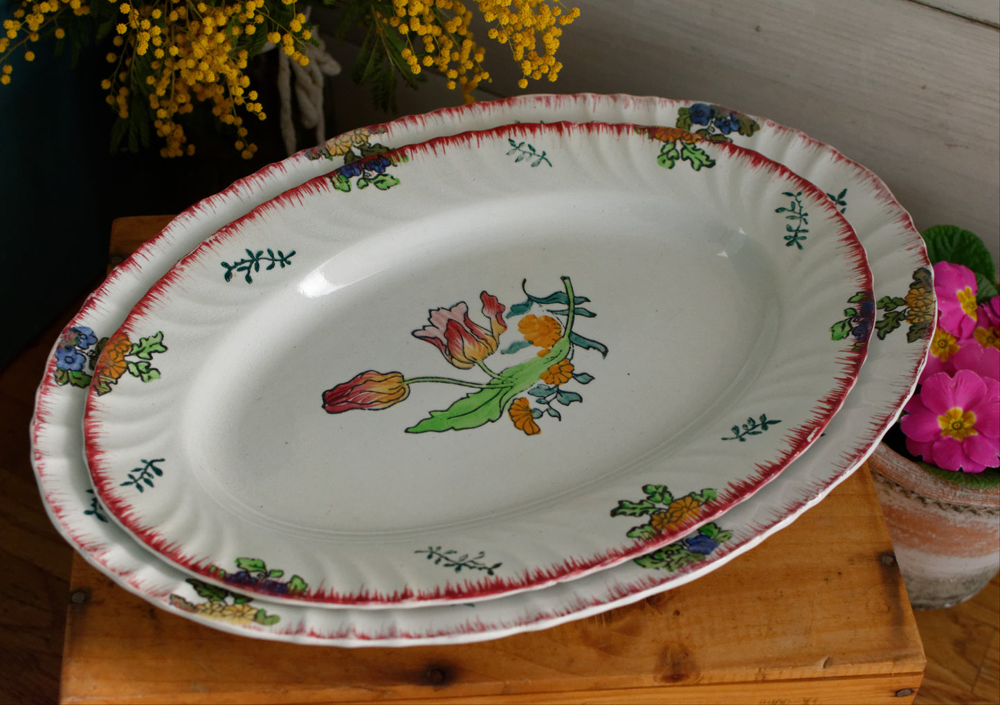 MARSEILLE LONGWY French Antique Ironstone Hand-Painted Floral Polychrome Oval Serving Plate Terre de Fer Faience