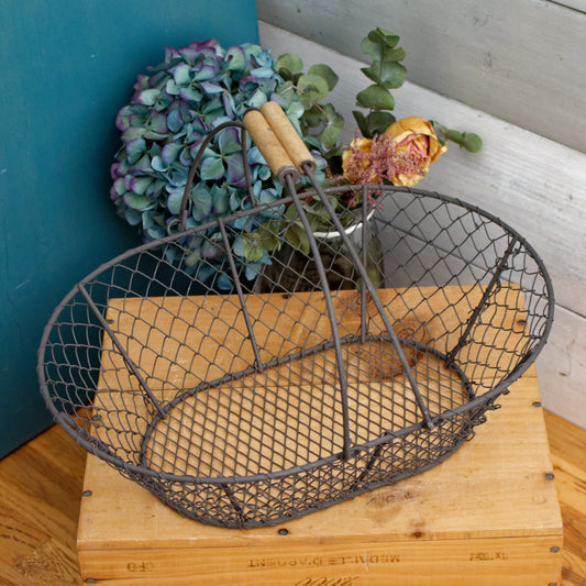 French Vintage Wire Harvest Basket with Wooden Handle
