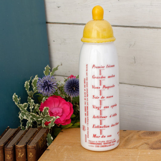 French Vintage Collectible Milk Glass Liquor Bottle ~ L’Armagnac Ducastaing VSOP Brandy Humorous Large Baby Bottle Condom en Armagnac 40% vol