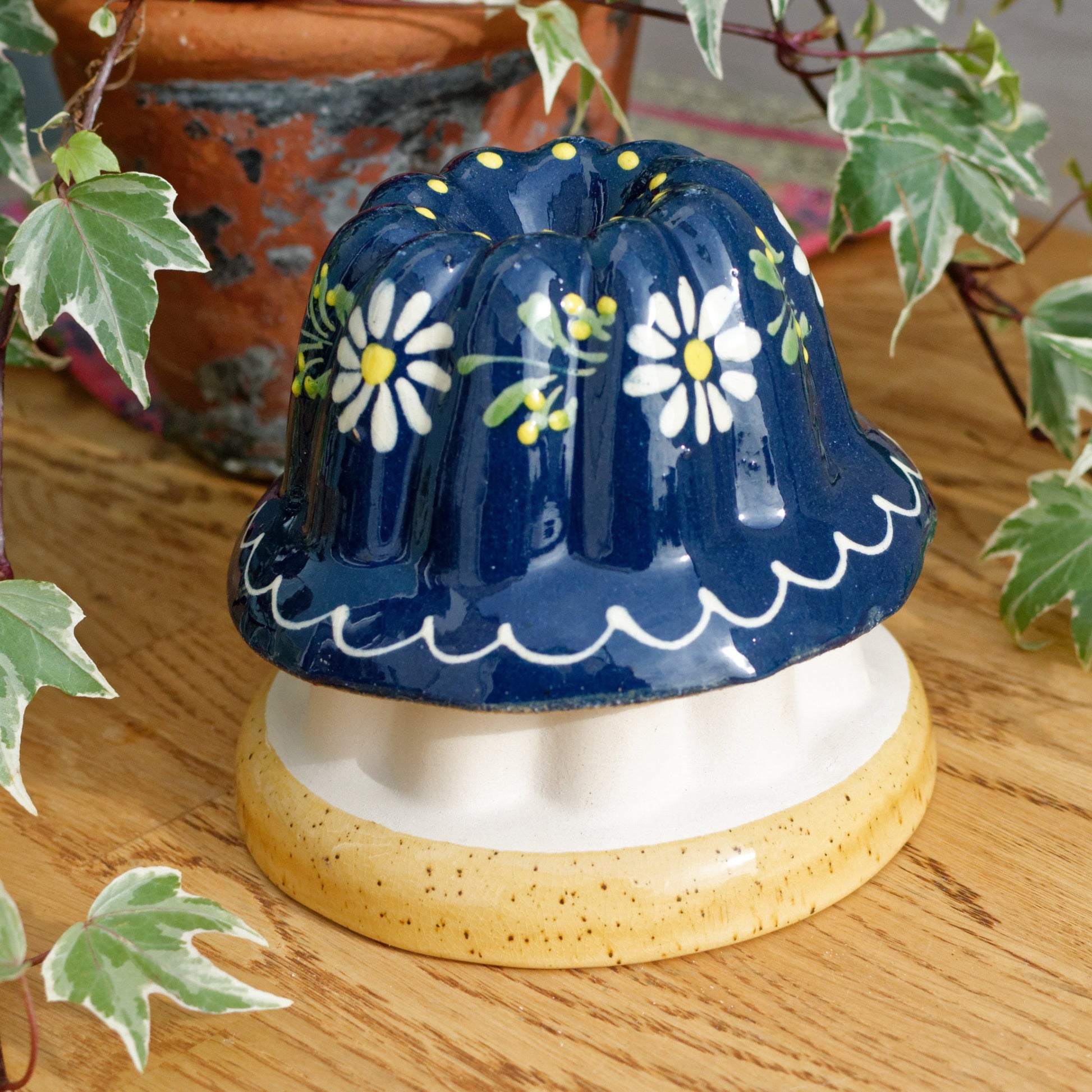 French Vintage Kugelhopf Alsace Glazed Cobalt Blue White Bundt Baking Cake Mold ~ Handmade Pottery Stoneware