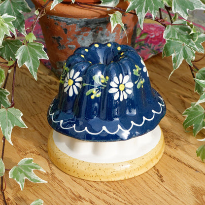 French Vintage Kugelhopf Alsace Glazed Cobalt Blue White Bundt Baking Cake Mold Handmade Pottery Stoneware