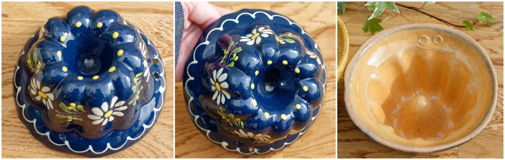 French Vintage Kugelhopf Alsace Glazed Cobalt Blue White Bundt Baking Cake Mold Handmade Pottery Stoneware