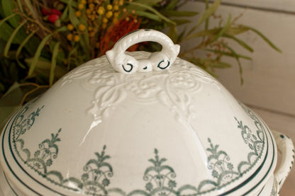 Moulin des Loups Hamage Nord French Antique Ironstone Green Transferware Soup Tureen Ancien Soupiere Terre de Fer Faience