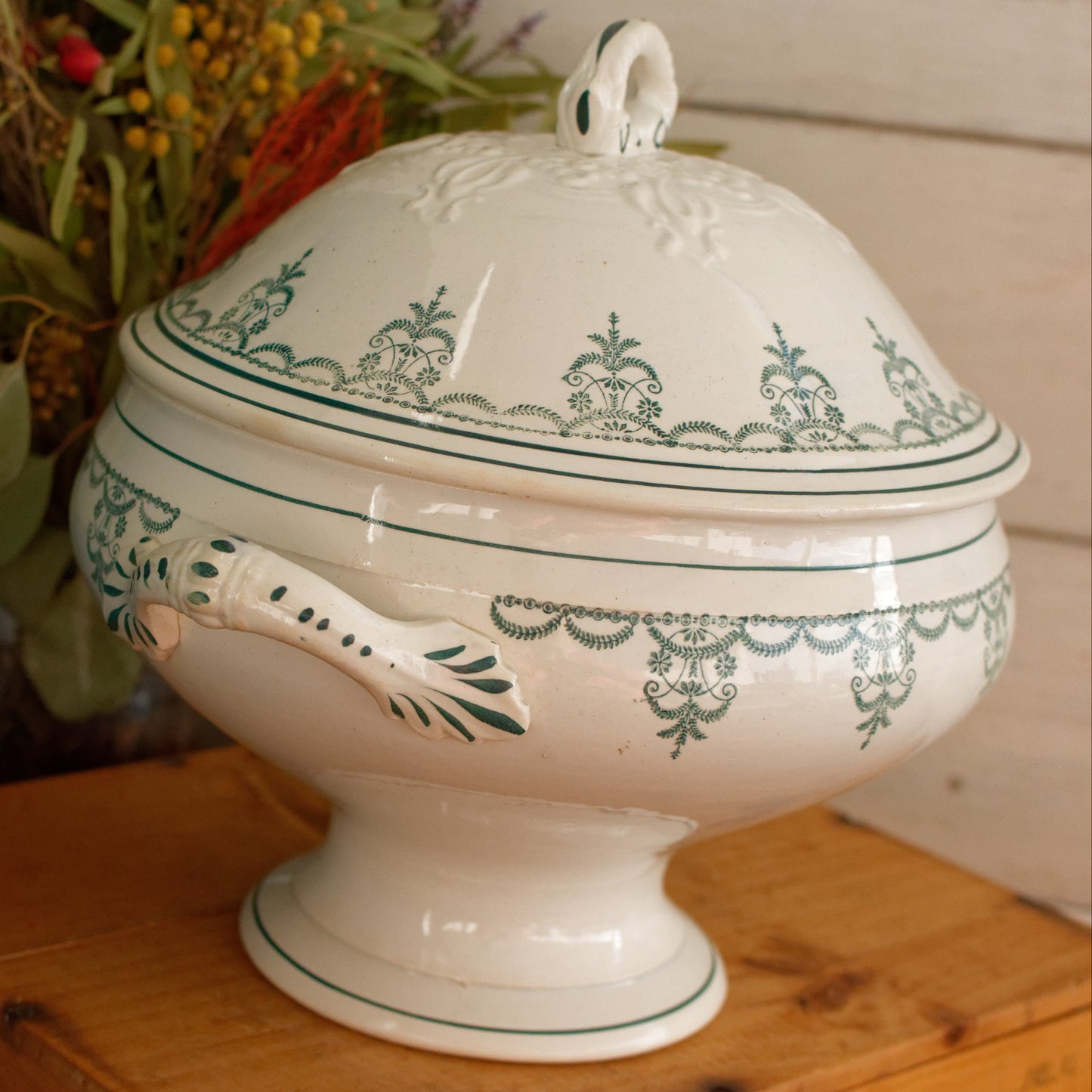 Moulin des Loups Hamage Nord French Antique Ironstone Green Transferware Soup Tureen Ancien Soupiere Terre de Fer Faience