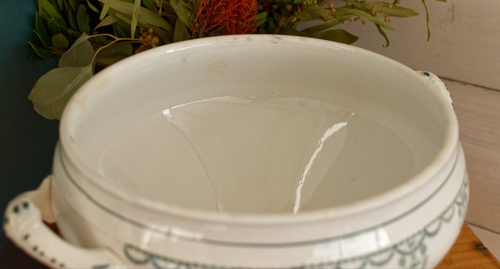 Moulin des Loups Hamage Nord French Antique Ironstone Green Transferware Soup Tureen Ancien Soupiere Terre de Fer Faience