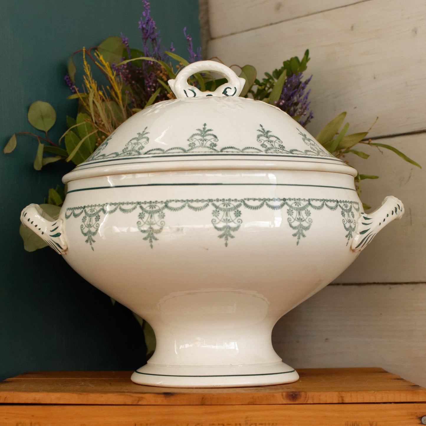 Moulin des Loups Hamage Nord French Antique Ironstone Green Transferware Soup Tureen Ancien Soupiere Terre de Fer Faience