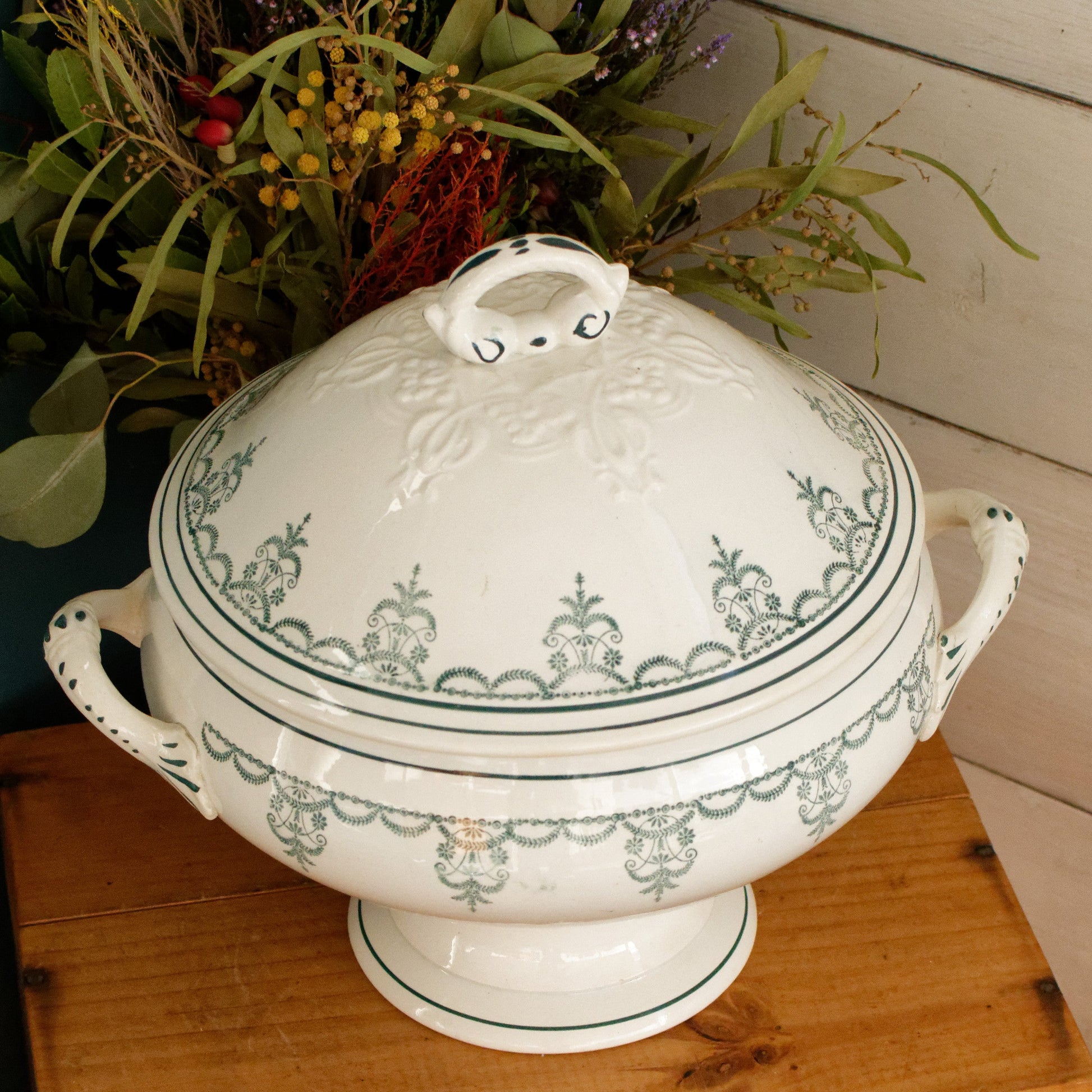 Moulin des Loups Hamage Nord French Antique Ironstone Green Transferware Soup Tureen Ancien Soupiere Terre de Fer Faience