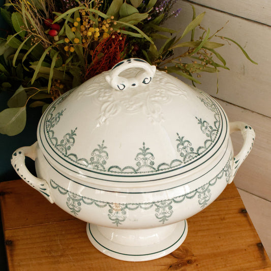 Moulin des Loups Hamage Nord French Antique Ironstone Green Transferware Soup Tureen Ancien Soupiere Terre de Fer Faience