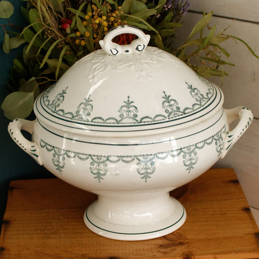 Moulin des Loups Hamage Nord French Antique Ironstone Green Transferware Soup Tureen Ancien Soupiere Terre de Fer Faience