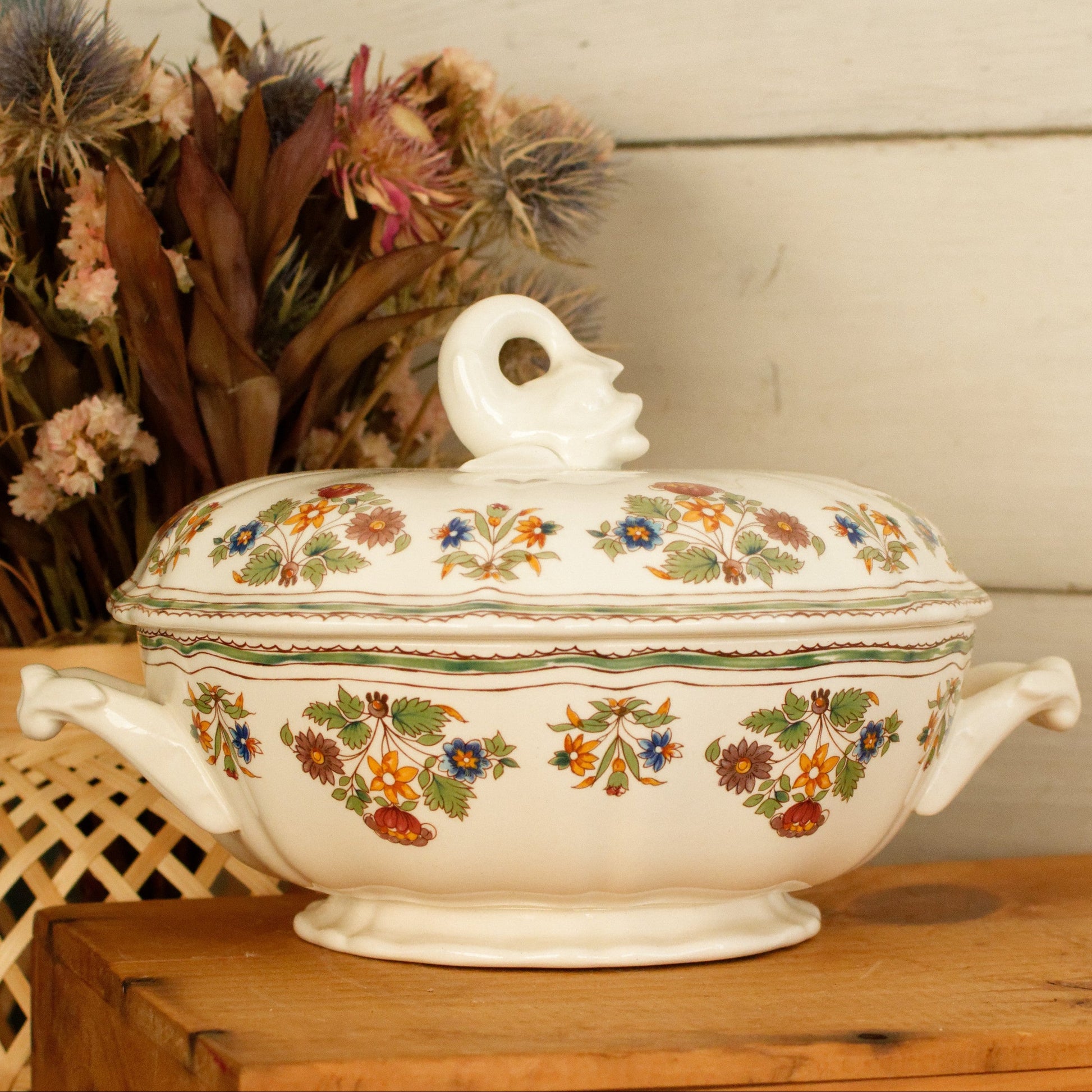 MOUSTIERS OLERYS GIEN French Vintage Ironstone PolyChrome Soup Tureen Soupiere Terre de Fer en Faience