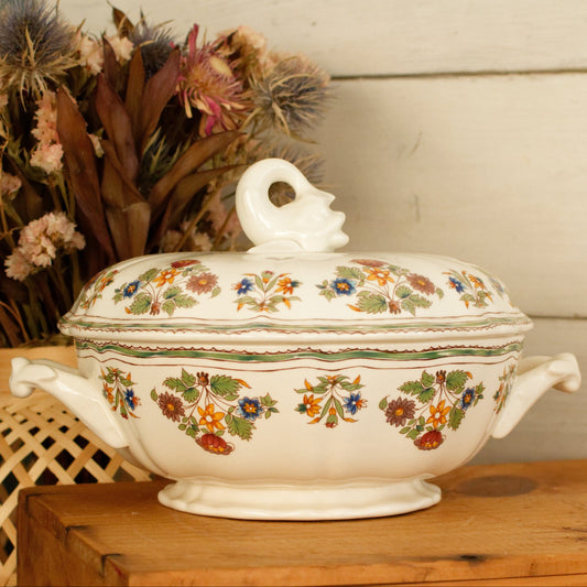 MOUSTIERS OLERYS GIEN French Vintage Ironstone PolyChrome Soup Tureen Soupiere Terre de Fer en Faience