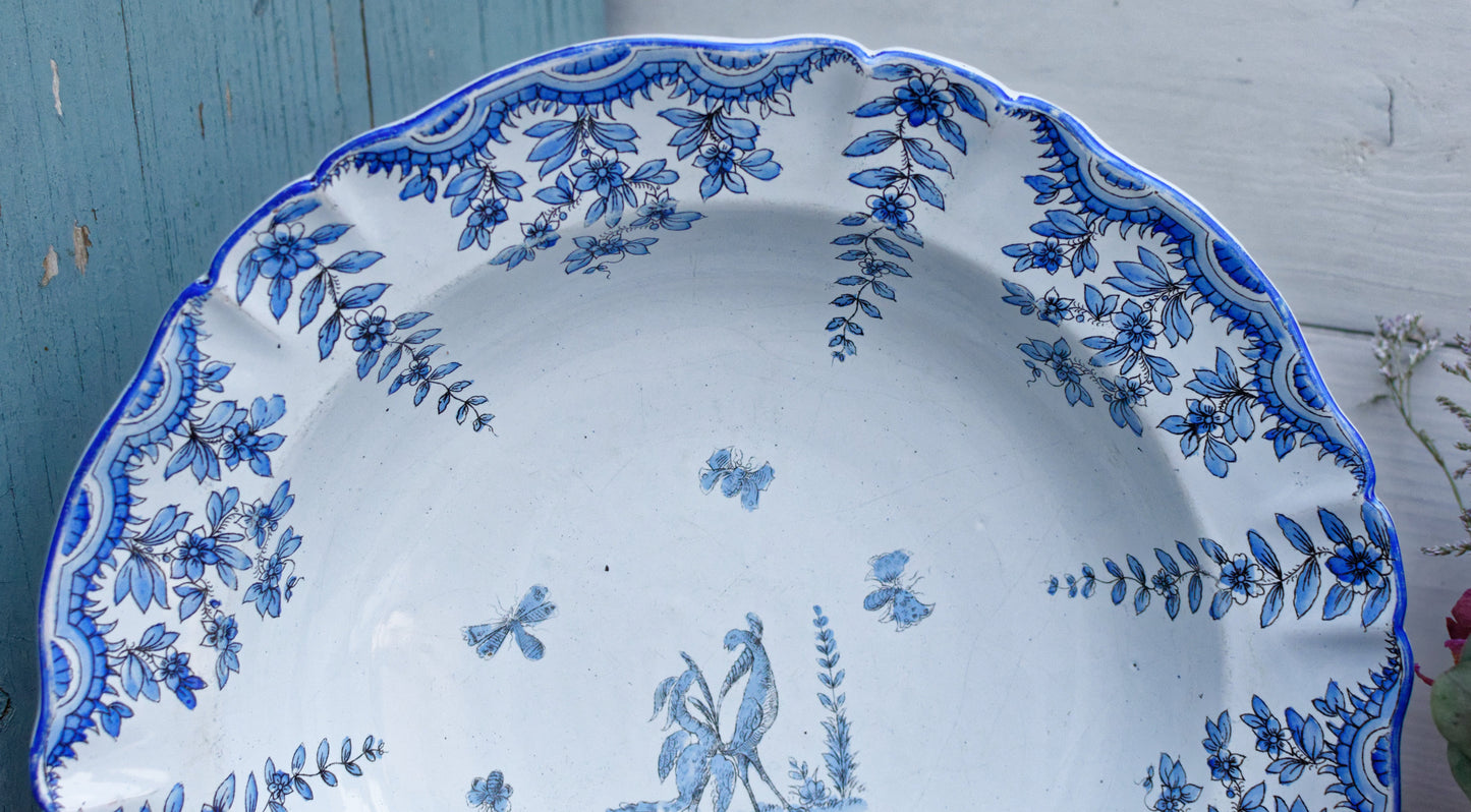 French Vintage Hand-Painted MOUSTIERS Motif Faience Collectible Ironstone Serving Bowl Terre de fer Faience Terre Cuite Delft Style