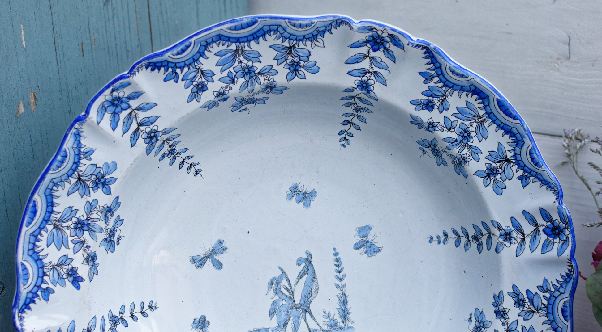 French Vintage Hand-Painted MOUSTIERS Motif Faience Collectible Ironstone Serving Bowl Terre de fer Faience Terre Cuite Delft Style